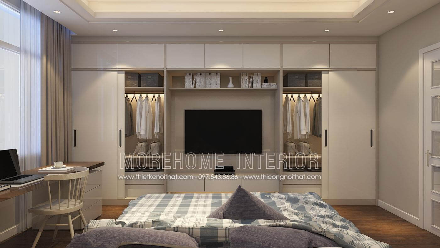 Sự kết hợp hoàn hảo giữa tủ áo và kệ tivi, tinh tế và không nhàm chán, cánh cửa lùa phù hợp với phòng ngủ chung cư, làm cho không gian phòng ngủ thoáng và cảm giác rộng hơn rất nhiều Thiết kế chung cư